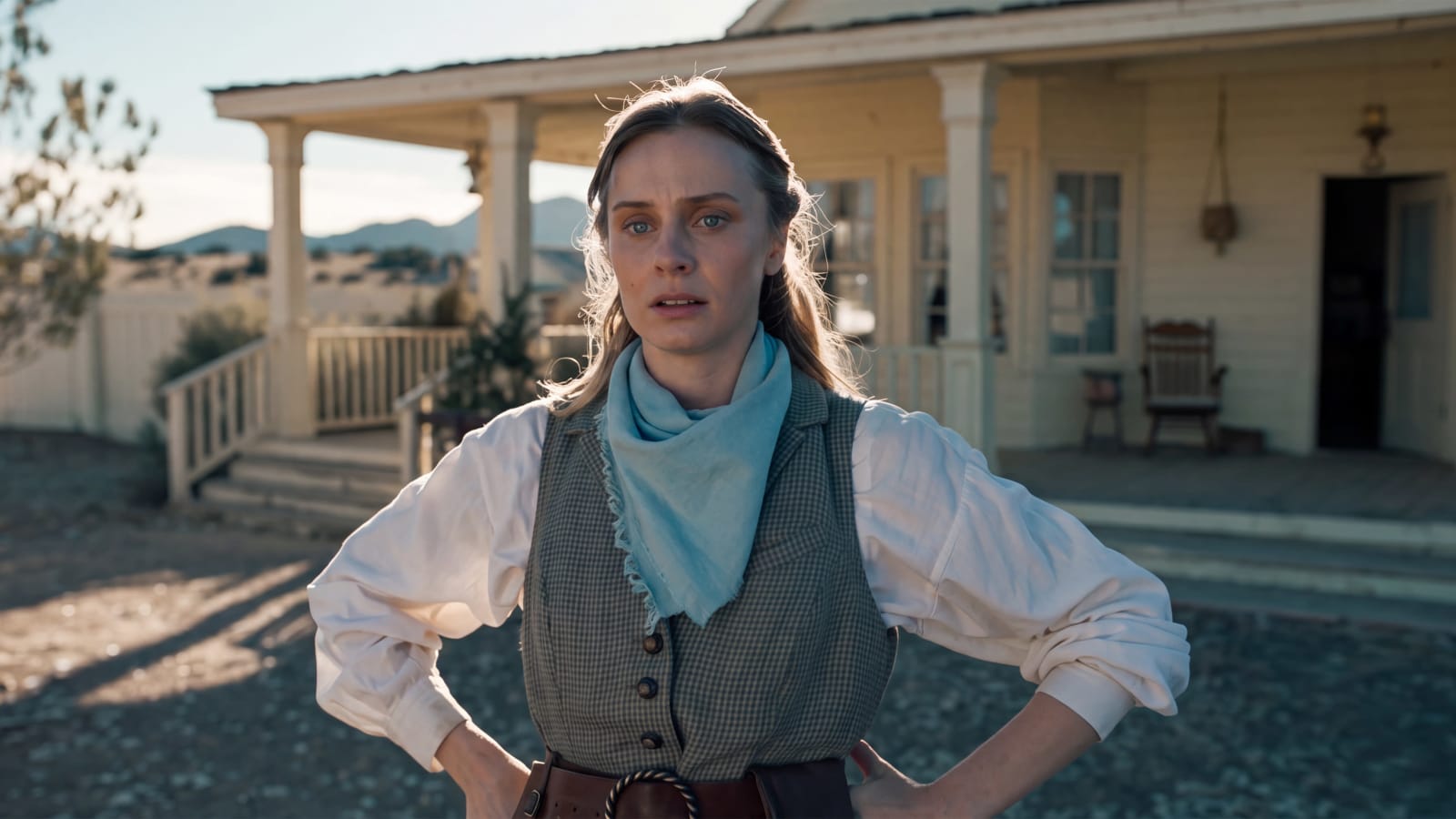 Meg Fraser as Penny stands with her hands on her hips in front of a pale ranch house porch in Angel and the Badman