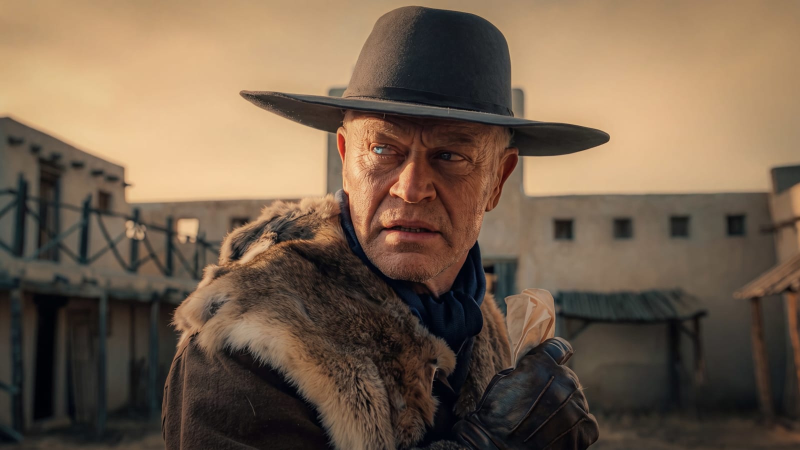 Neal McDonough as Laredo, in a wide-brimmed hat and a fur-collared coat, holds a crumpled paper in a gloved hand in an adobe town in Angel and the Badman
