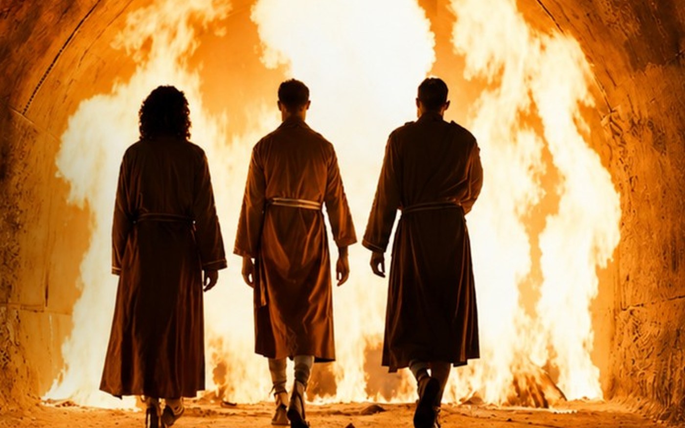 Three men in brown robes walk into a roaring brick furnace in Daniel and the Fiery Furnace