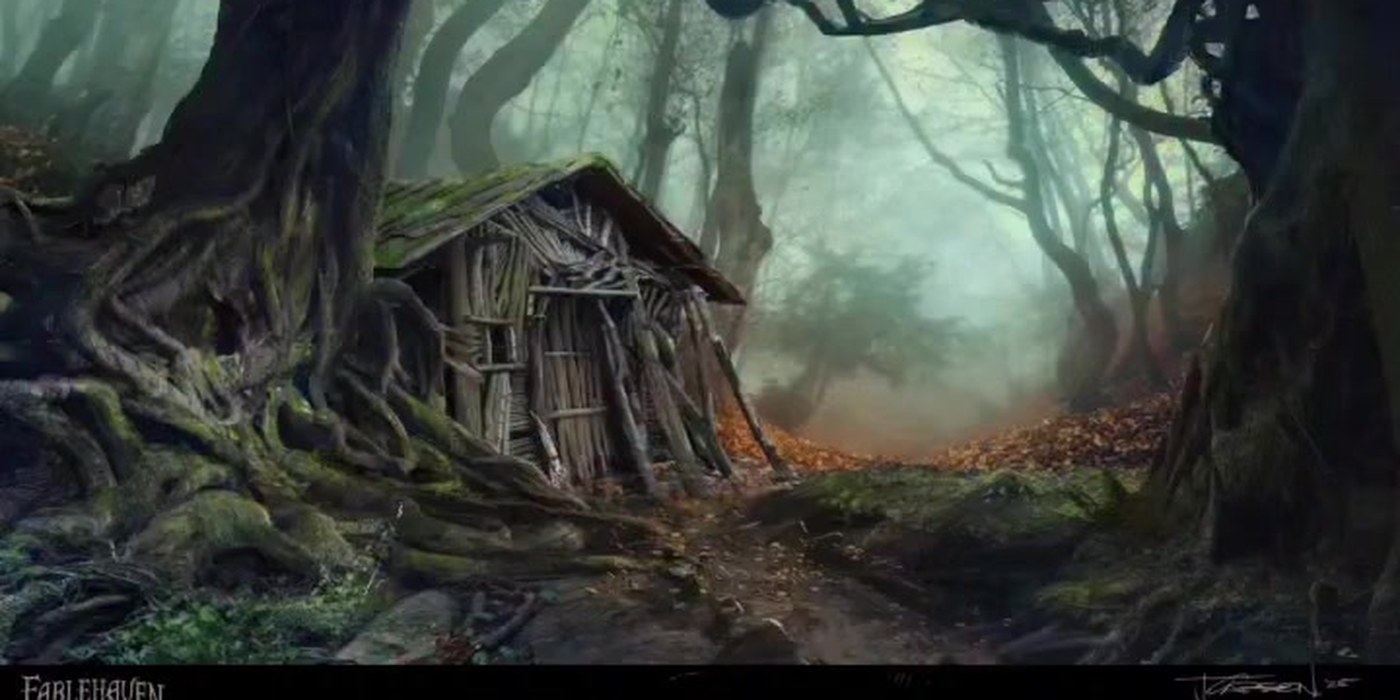 Official Fablehaven concept art of Muriel’s shack, a crooked wooden hut among mossy roots in a foggy forest