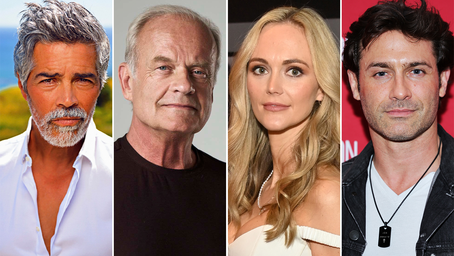 Headshots of Esai Morales, Kelsey Grammer, Jayne Wisener, and Jonathan Stoddard, announced as leads in His Heart