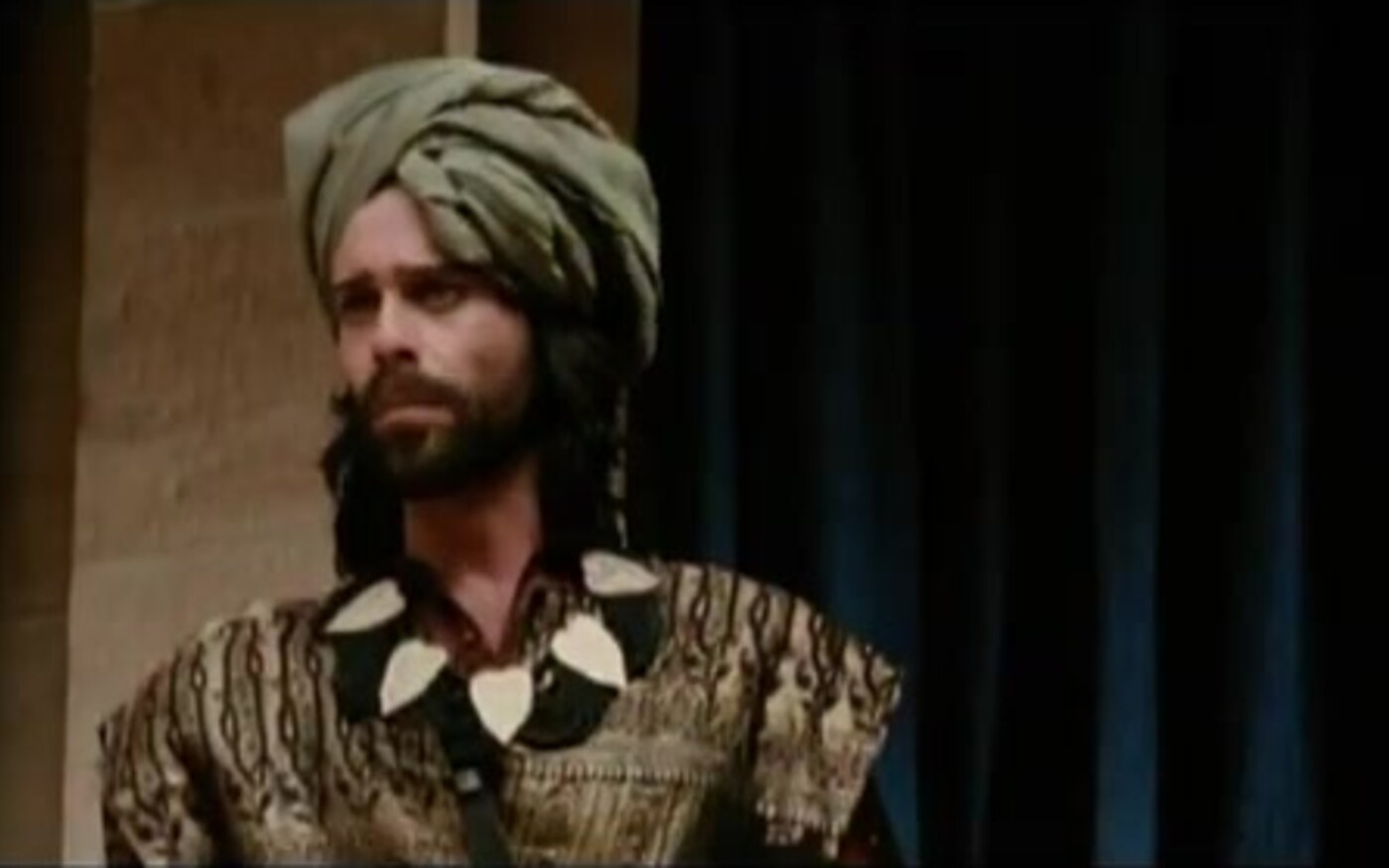 A bearded man in a green turban and ornate bronze robe looks aside in One Night with the King